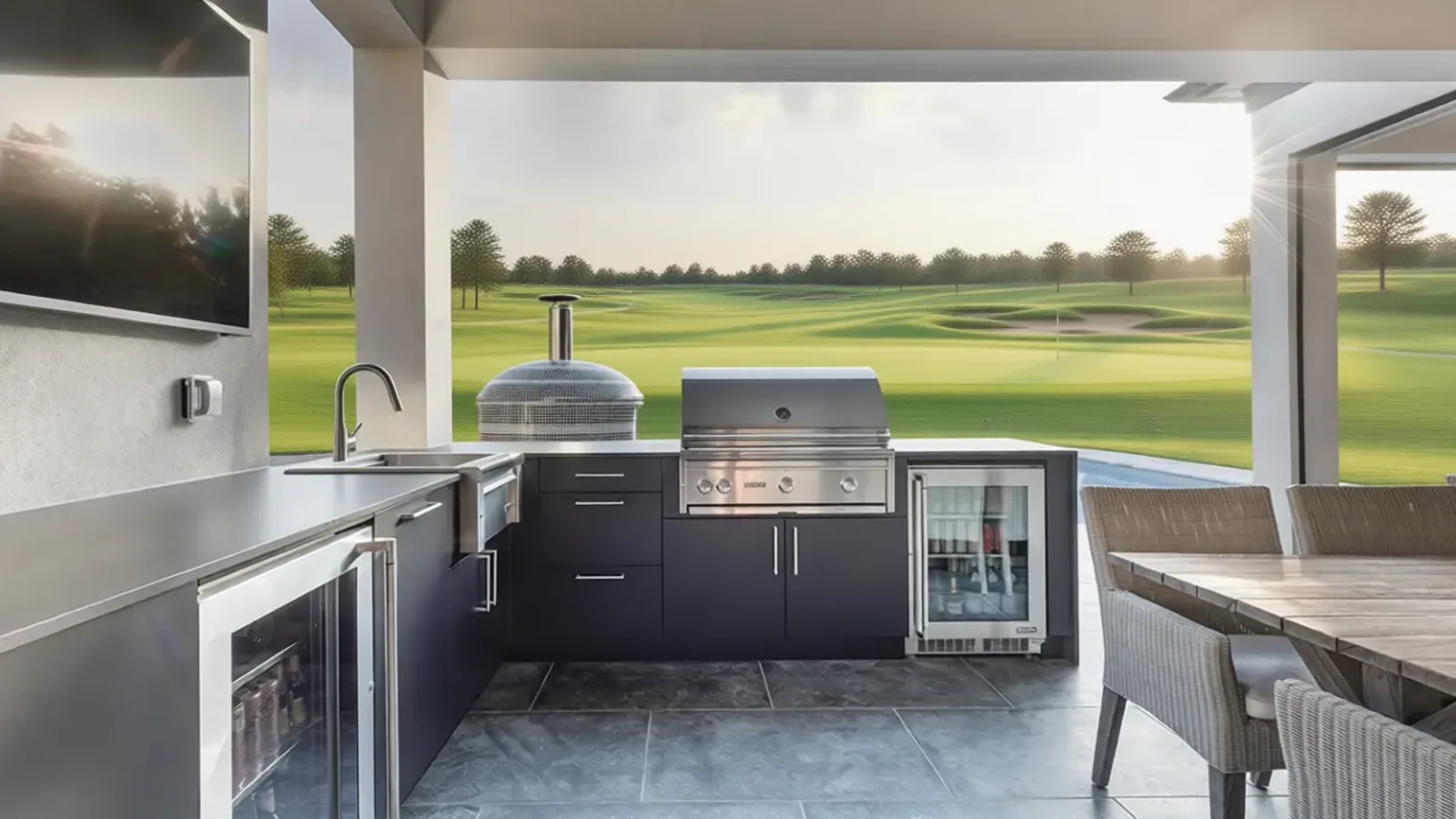 Outdoor kitchen with a built-in grill and stone countertop in Charleston, SC